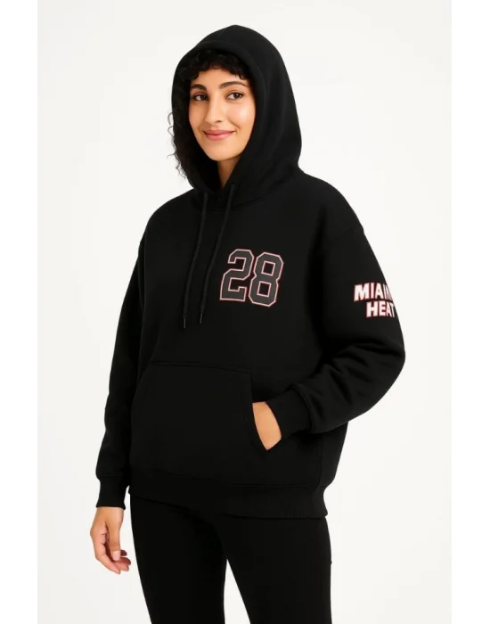 Üç İplik Kapüşonlu Ön Ve Arka Baskılı SweatShirt Hoodie - Siyah