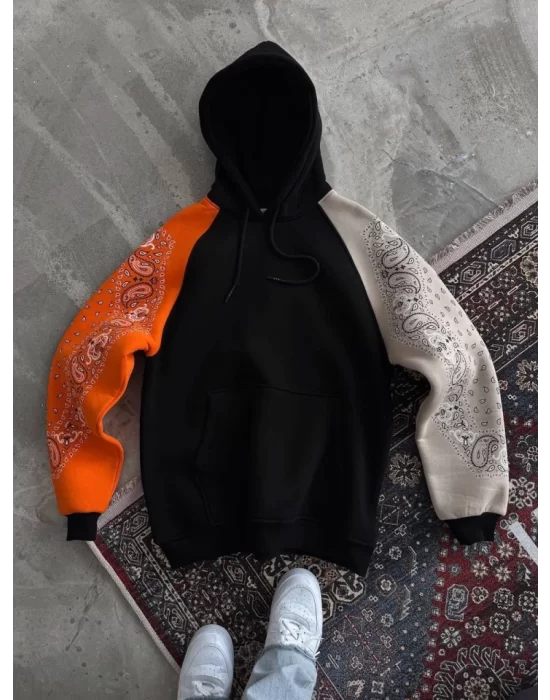 Üç İplik Penye Kapşonlu Parçalı SweatShirt - Siyah