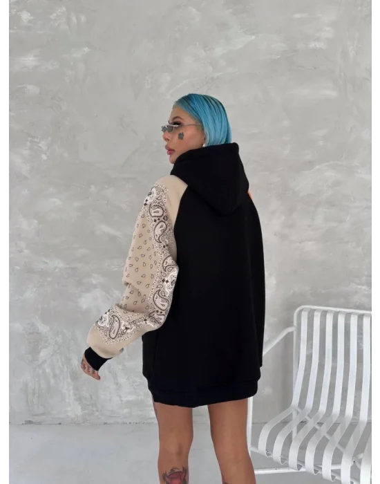 Üç İplik Penye Kapşonlu Parçalı SweatShirt - Siyah
