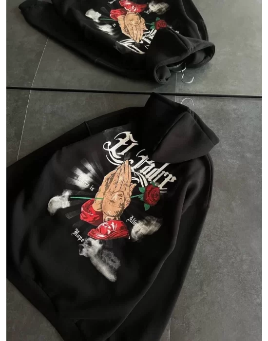 Üç İplik Penye Uzun Kol Kapşonlu Baskılı SweatShirt - Siyah