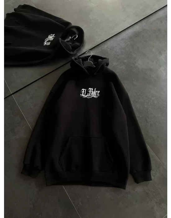 Üç İplik Penye Uzun Kol Kapşonlu Baskılı SweatShirt - Siyah