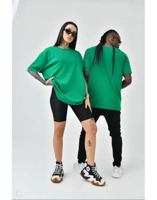 Unisex Basic Bisiklet Yaka Oversize T-Shirt - Yeşil