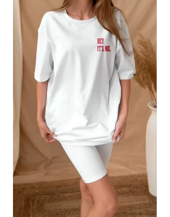 Unisex Baskılı Oversize T-Shirt - Beyaz