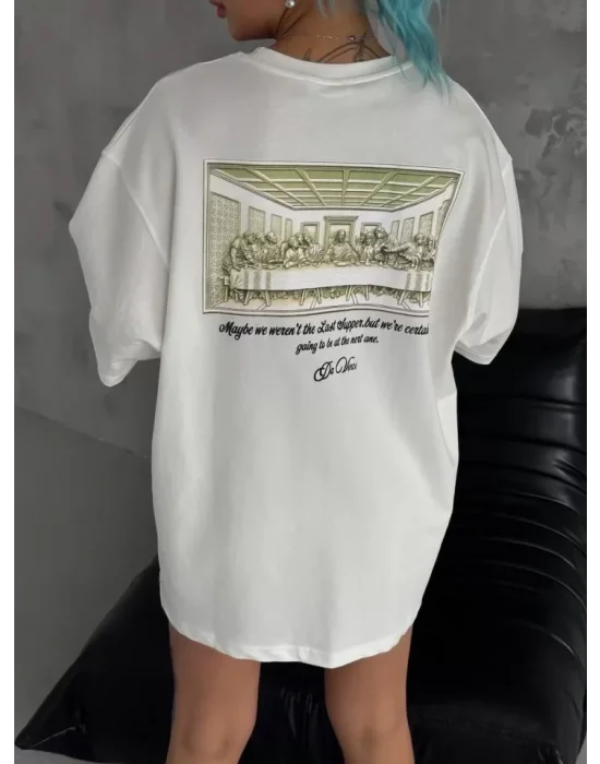 Unisex Baskılı Oversize T-Shirt - Beyaz