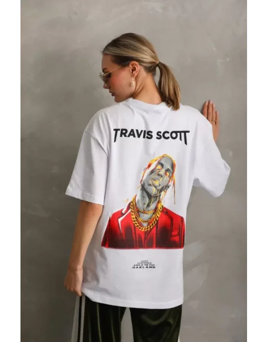 Unisex Baskılı Oversize T-Shirt - Beyaz