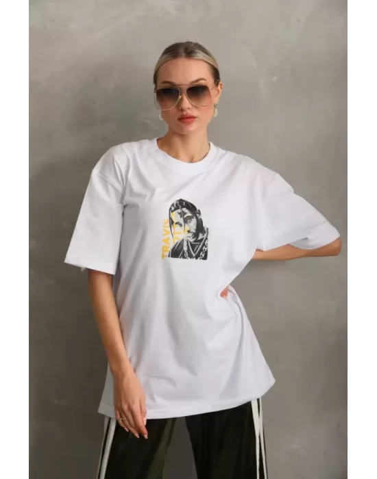 Unisex Baskılı Oversize T-Shirt - Beyaz