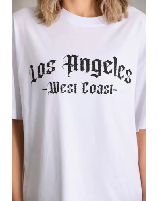 Unisex Baskılı Oversize T-Shirt - Beyaz