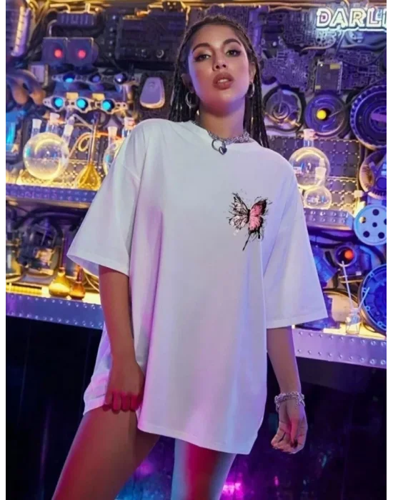 Unisex Baskılı Oversize T-Shirt - Beyaz