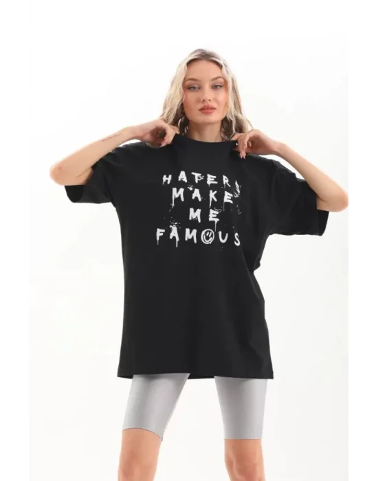 Unisex Baskılı Oversize T-Shirt - Siyah