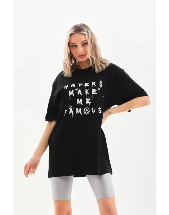 Unisex Baskılı Oversize T-Shirt - Siyah