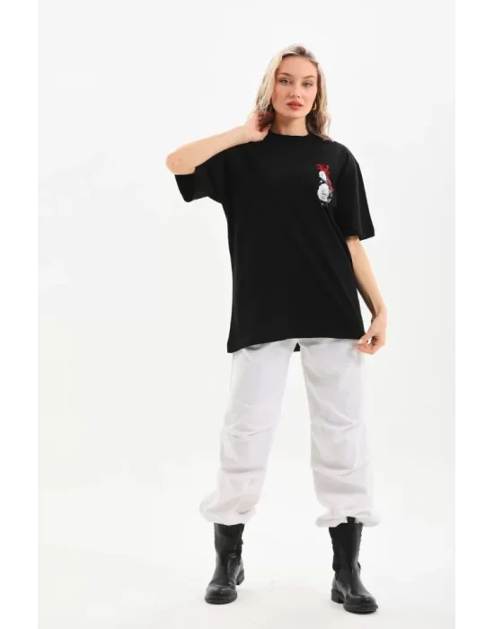 Unisex Baskılı Oversize T-Shirt - Siyah