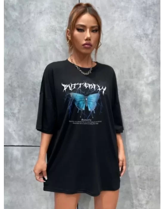 Unisex Baskılı Oversize T-Shirt - Siyah