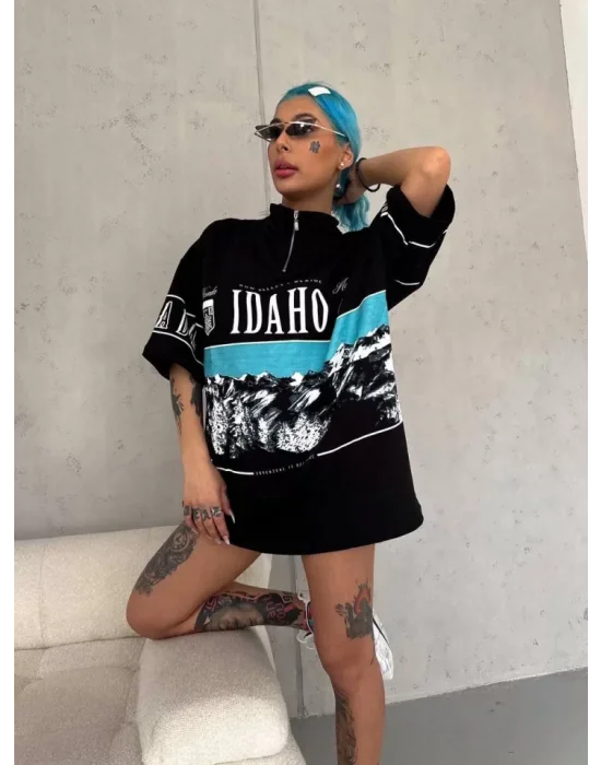 Unisex Baskılı Yarım Fermuarlı T-Shirt - Siyah
