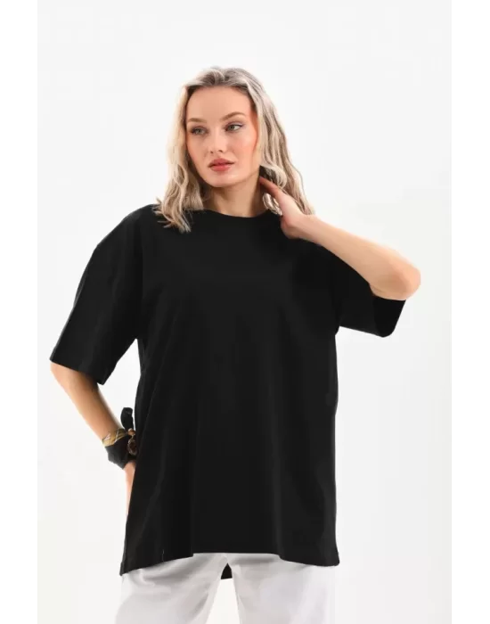 Unisex Bisiklet Yaka 20/1 Düz Oversize T-Shirt - Siyah