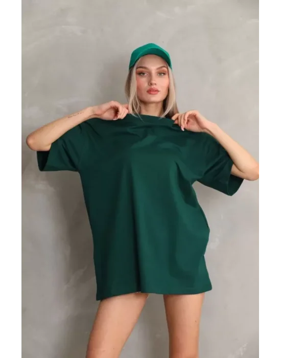 Unisex Bisiklet Yaka 20/1 Düz Oversize T-Shirt - Yeşil