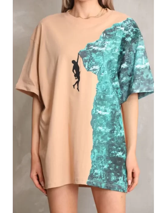 Unisex Bisiklet Yaka Baskılı Oversize T-Shirt - Bej