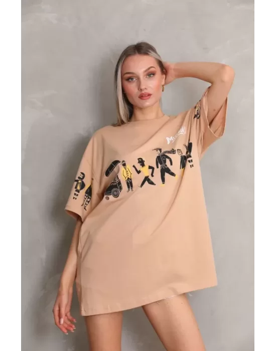 Unisex Bisiklet Yaka Baskılı Oversize T-Shirt - Bej