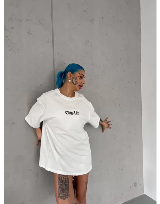 Unisex Bisiklet Yaka Baskılı Oversize T-Shirt - Beyaz