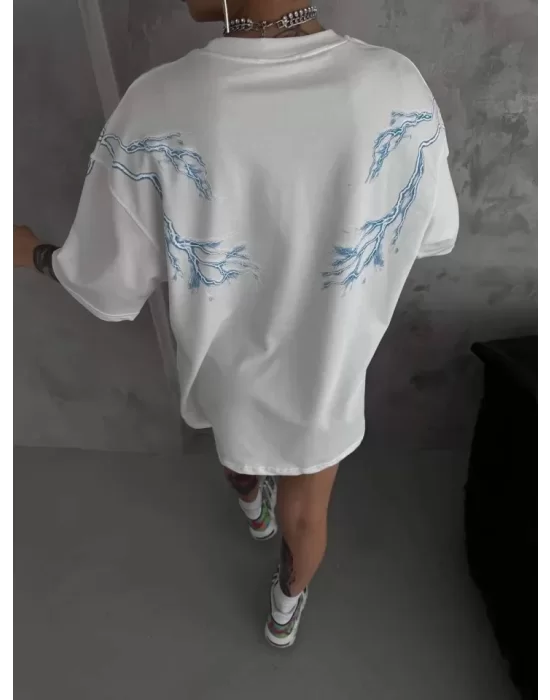 Unisex Bisiklet Yaka Baskılı Oversize T-Shirt - Beyaz