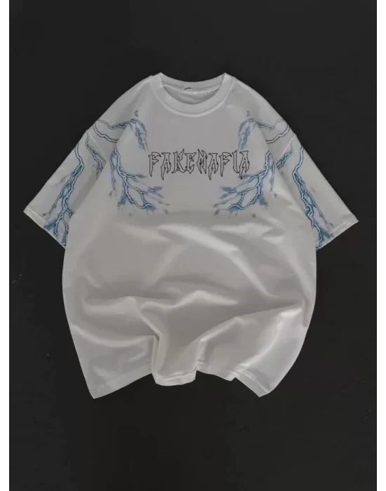 Unisex Bisiklet Yaka Baskılı Oversize T-Shirt - Beyaz