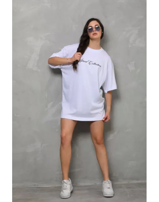 Unisex Bisiklet Yaka Baskılı Oversize T-Shirt - Beyaz