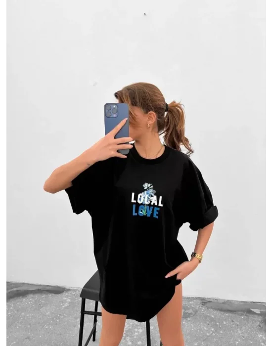 Unisex Bisiklet Yaka Baskılı Oversize T-Shirt - Siyah