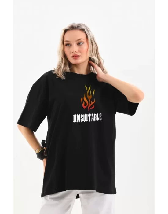Unisex Bisiklet Yaka Baskılı Oversize T-Shirt - Siyah