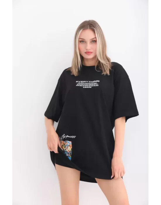 Unisex Bisiklet Yaka Baskılı Oversize T-Shirt - Siyah