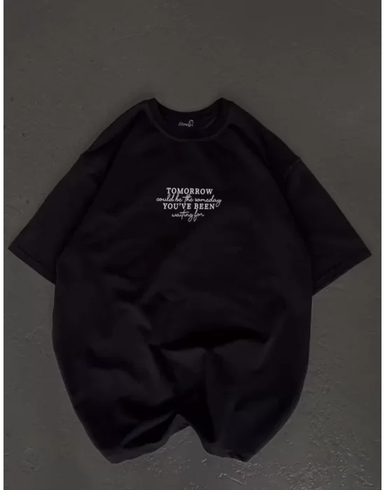 Unisex Bisiklet Yaka Baskılı Oversize T-Shirt - Siyah