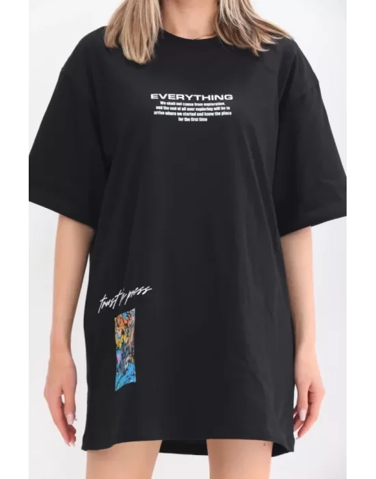 Unisex Bisiklet Yaka Baskılı Oversize T-Shirt - Siyah