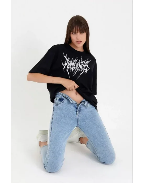 Unisex Bisiklet Yaka Baskılı Oversize T-Shirt - Siyah