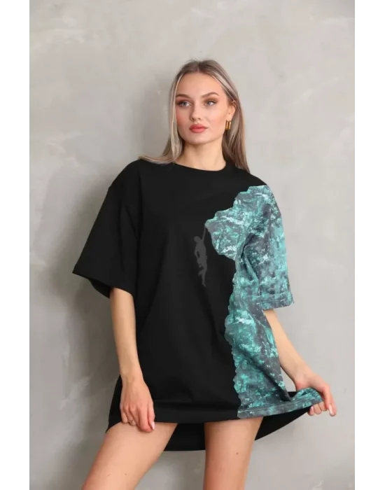 Unisex Bisiklet Yaka Baskılı Oversize T-Shirt - Siyah
