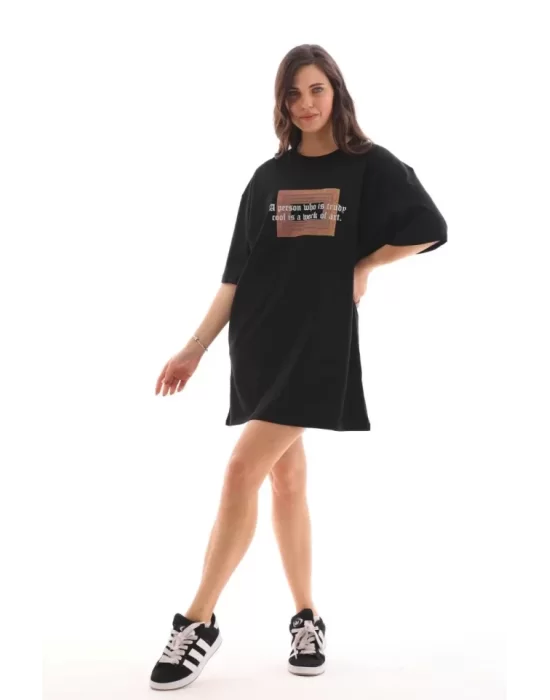 Unisex Bisiklet Yaka Baskılı Oversize T-Shirt - Siyah