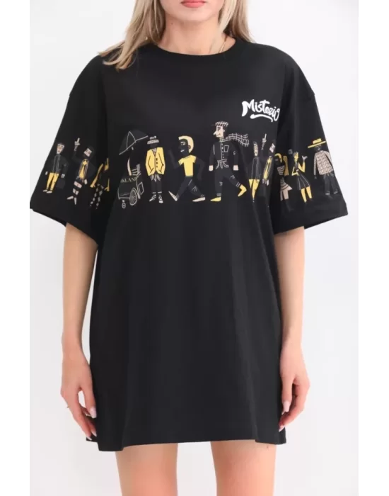 Unisex Bisiklet Yaka Baskılı Oversize T-Shirt - Siyah
