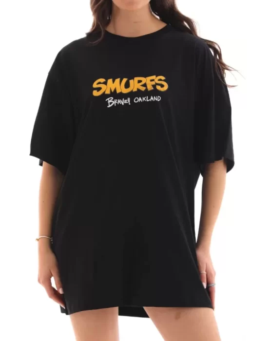 Unisex Bisiklet Yaka Baskılı Oversize T-Shirt - Siyah