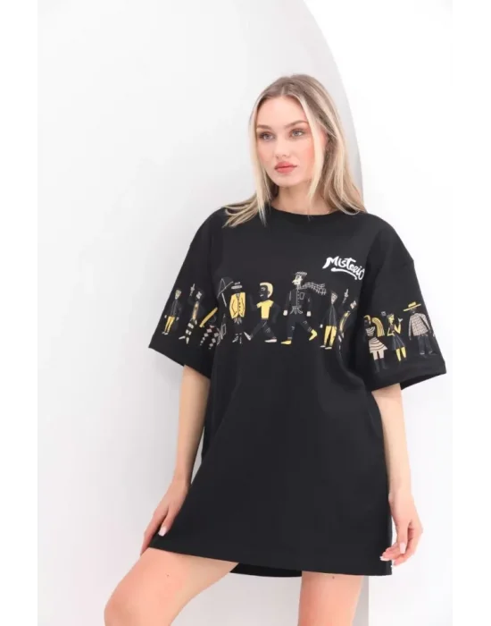 Unisex Bisiklet Yaka Baskılı Oversize T-Shirt - Siyah