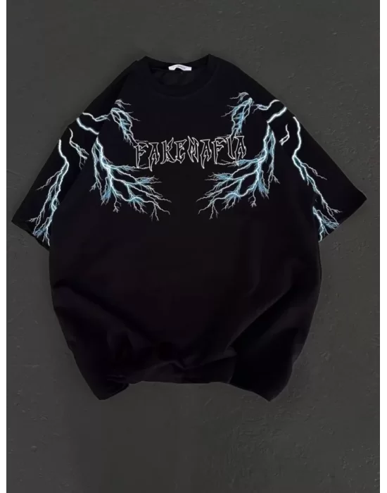 Unisex Bisiklet Yaka Baskılı Oversize T-Shirt - Siyah