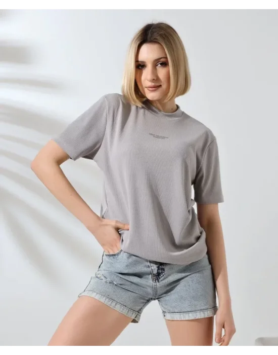 Unisex Bisiklet Yaka Baskılı Slim Fit T-Shirt - Boyalı Gri