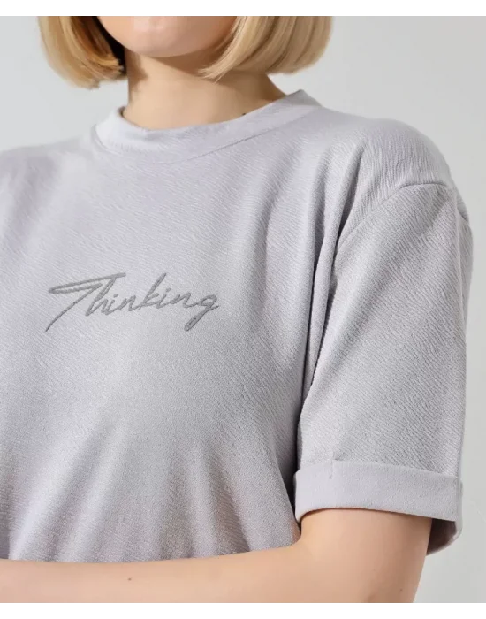 Unisex Bisiklet Yaka Baskılı Slim Fit T-Shirt - Boyalı Gri