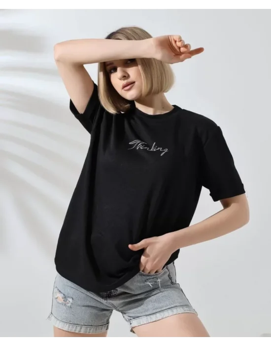 Unisex Bisiklet Yaka Baskılı Slim Fit T-Shirt - Siyah