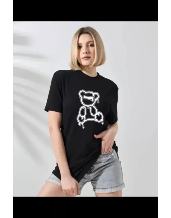 Unisex Bisiklet Yaka Baskılı T-Shirt - Siyah