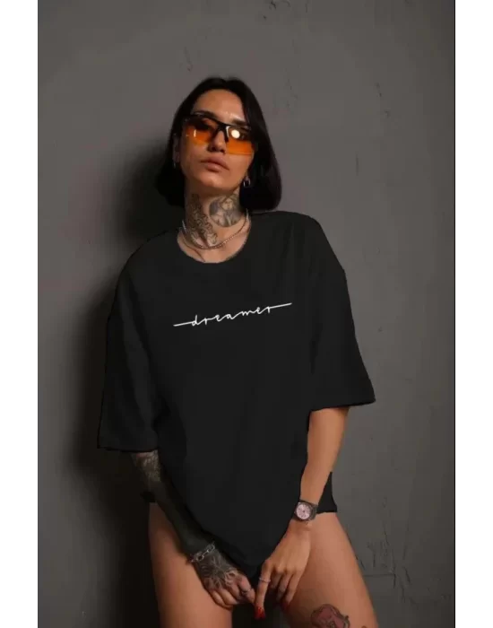 Unisex Bisiklet Yaka Baskılı T-Shirt - Siyah