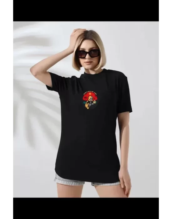 Unisex Bisiklet Yaka Baskılı T-Shirt - Siyah