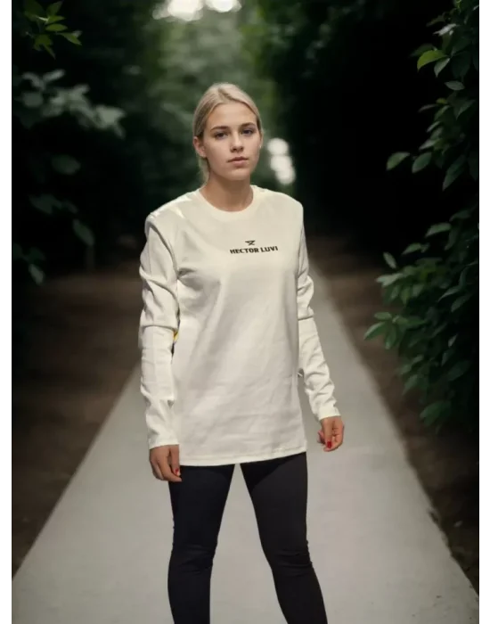 Unisex Bisiklet Yaka Uzun Kollu T-Shirt - Beyaz
