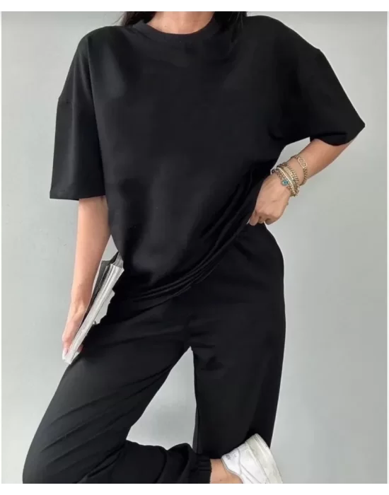 Unisex Düz T-Shirt Ve Eşofman Takımı - Siyah