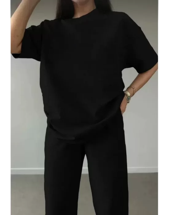 Unisex Düz T-Shirt Ve Eşofman Takımı - Siyah
