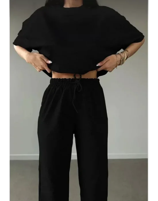 Unisex Düz T-Shirt Ve Eşofman Takımı - Siyah