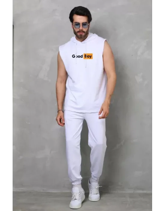 Unisex Kapşonlu Kolsuz Oversize Baskılı Tişört - Beyaz