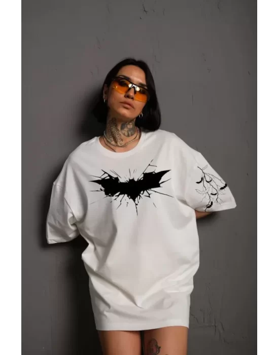 Unisex Ön Ve Kol Baskılı Oversize T-shirt - Beyaz