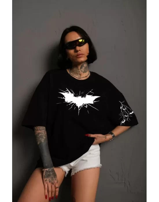 Unisex Ön Ve Kol Baskılı Oversize T-shirt - Siyah